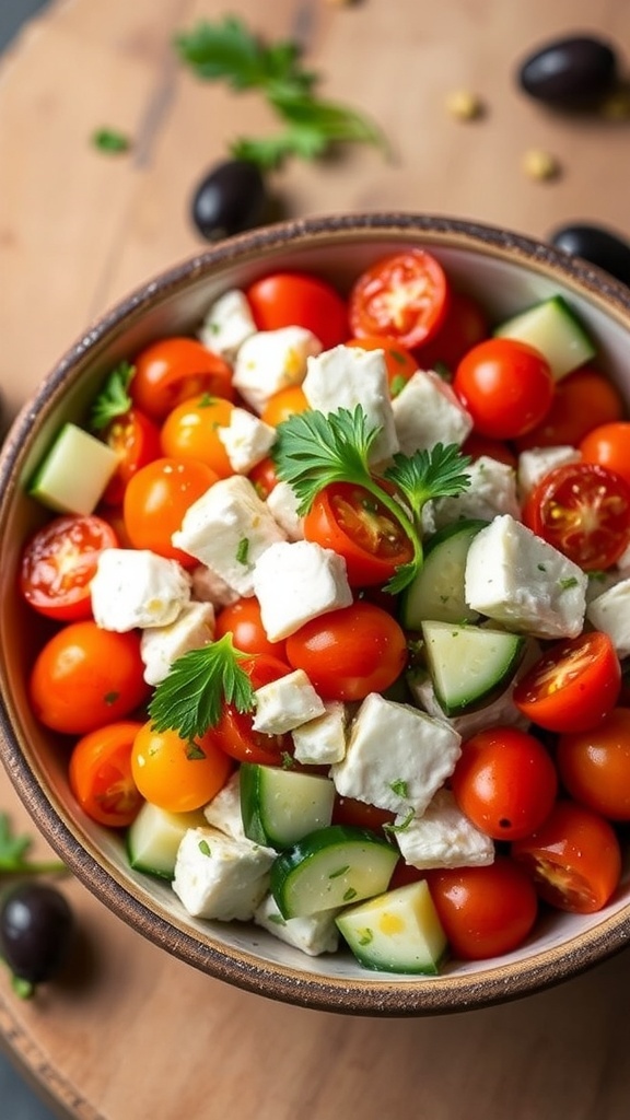 A colorful feta salad with tomatoes, cucumbers, olives, and feta cheese, garnished with parsley on a wooden table.